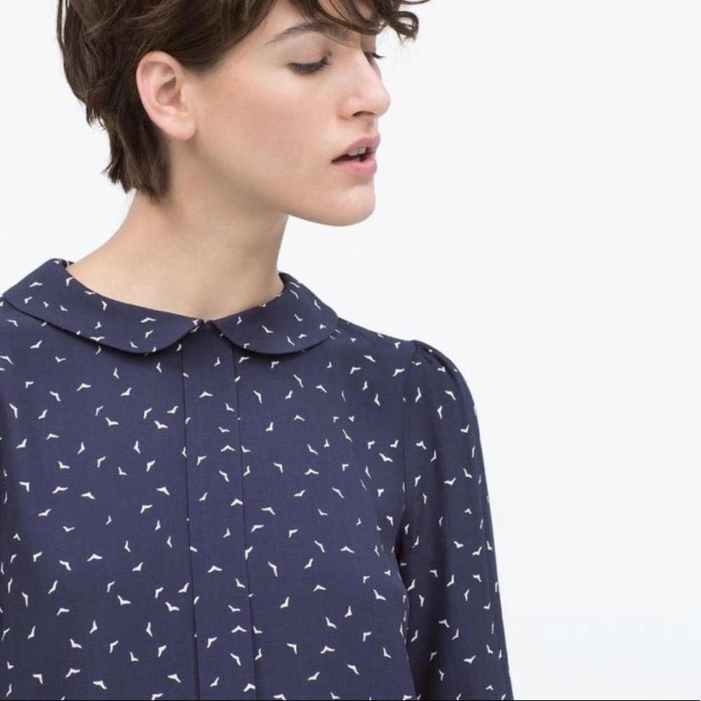 Zara Navy Bird Print Long Sleeve